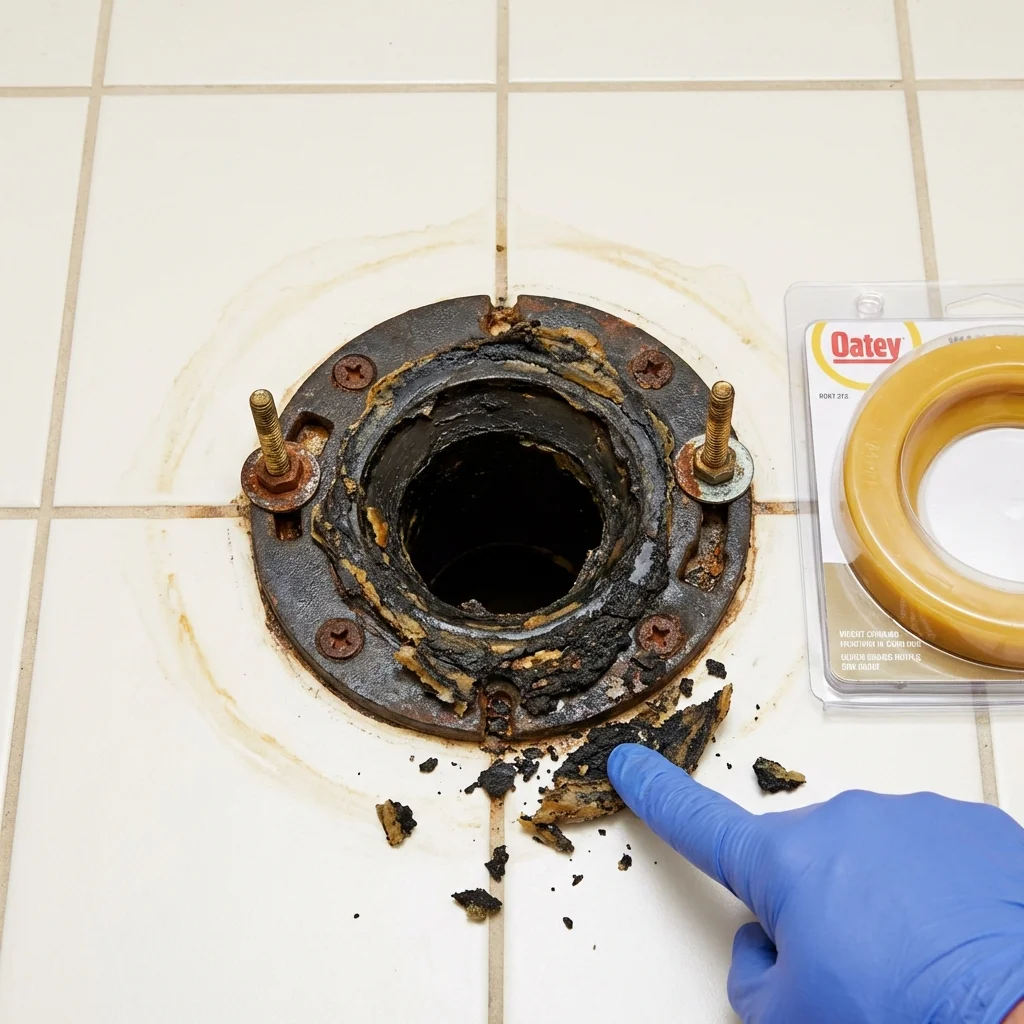 Failed wax ring showing water seepage at the base of a toilet in a Cabo Rojo, PR home
