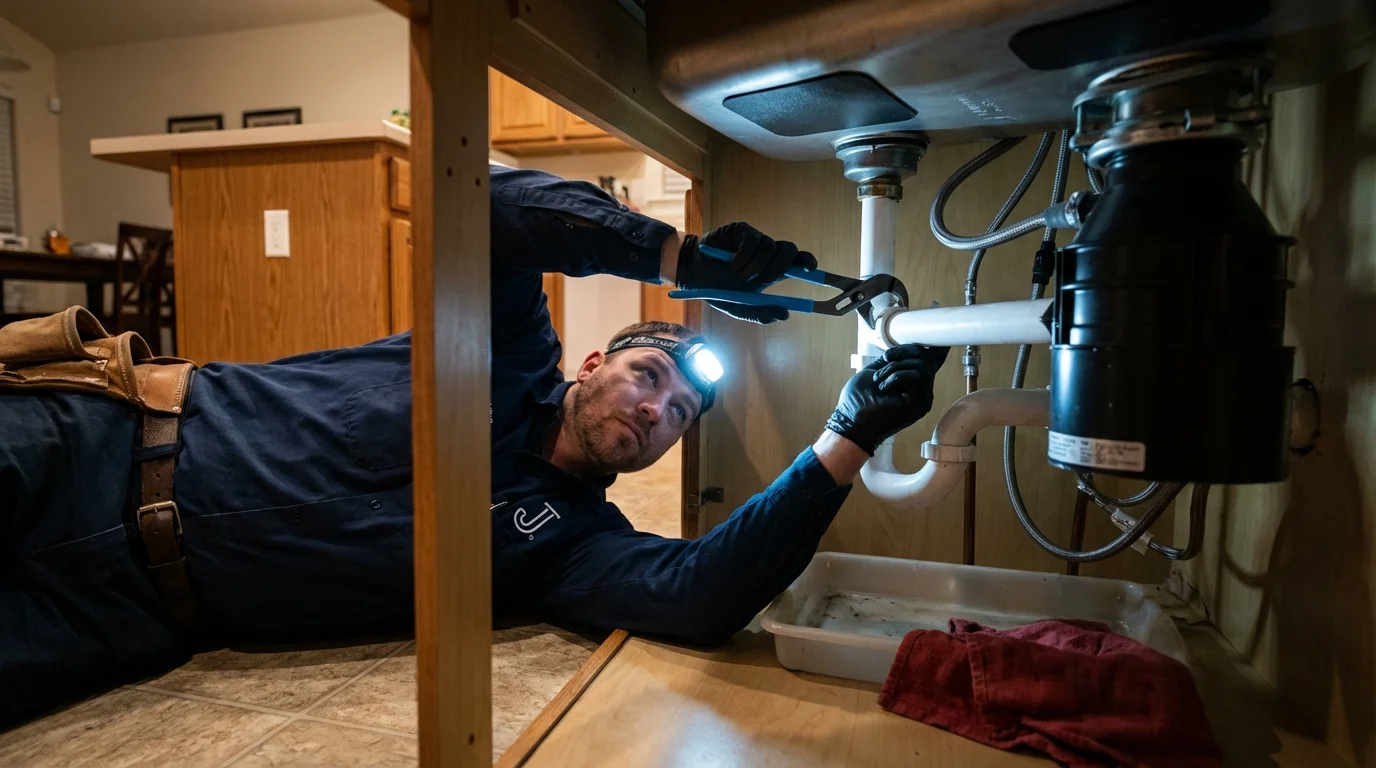 P-trap and supply line connections under a kitchen sink showing a common leak point in Cabo Rojo, PR